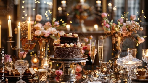 Elegant dinner table setting with bundt cake and champagne. Romantic candlelit celebration setting.