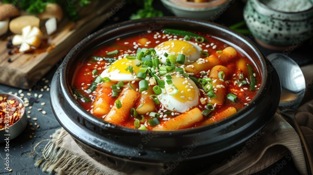 Korean spicy rice cakes with boiled eggs in a black bowl. Traditional Korean dish Tteokbokki Korean spicy rice cakes with boiled eggs in a black bowl. Traditional Korean dish Tteokbokki