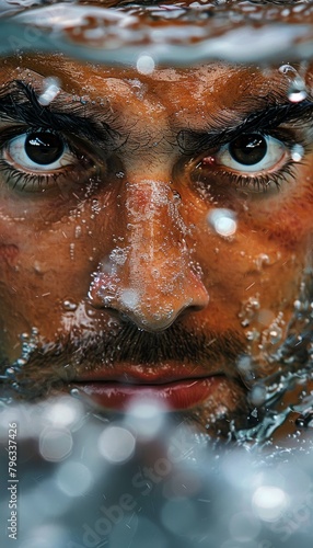Intense focus swimmer s eyes underwater portray serene determination in summer olympics sport scene