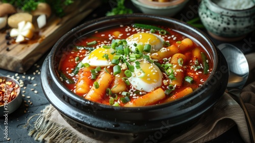 Korean spicy rice cakes with boiled eggs in a black bowl. Traditional Korean dish Tteokbokki