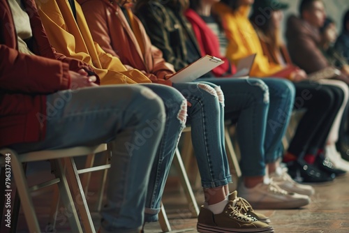 Close-up of young man sitting on chair wearing jeans and shoes