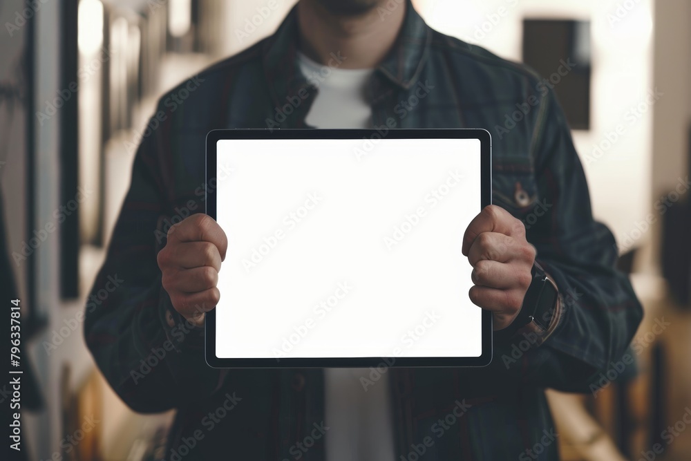 Digital mockup caucasian man in his 20s holding a tablet with a fully white screen Digital mockup caucasian man in his 20s holding a tablet with a fully white screen