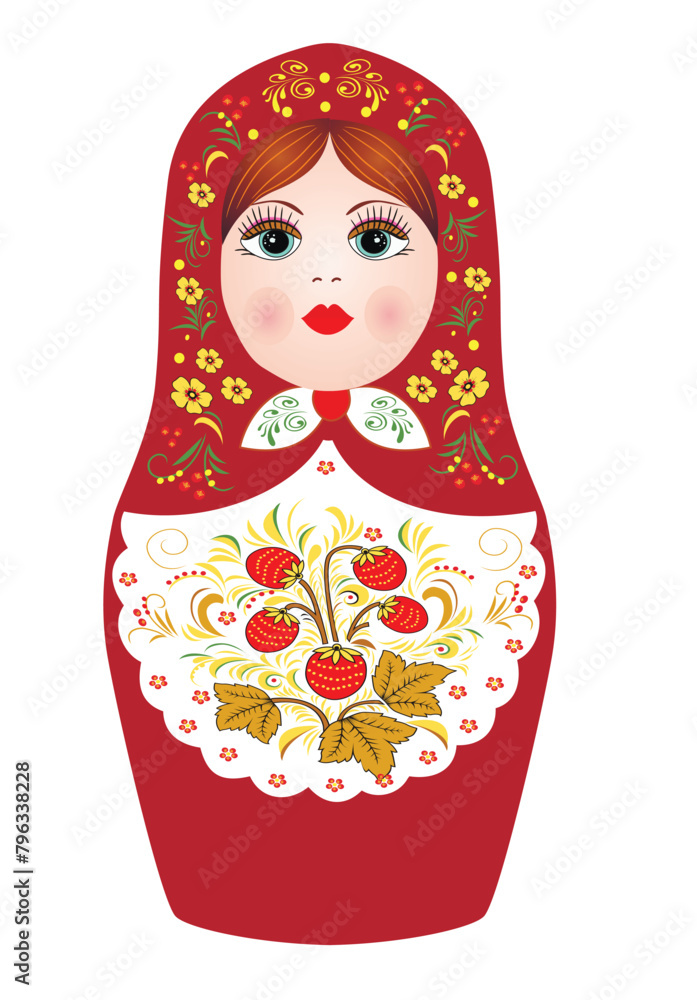 Beautiful Russian doll matryoshka painted Khokhloma vector. Retro souvenir from Russia. Present. Slavic symbol. Folk arts and crafts. Vector Beautiful Russian doll matryoshka painted Khokhloma vector. Retro souvenir from Russia. Present. Slavic symbol. Folk arts and crafts. Vector