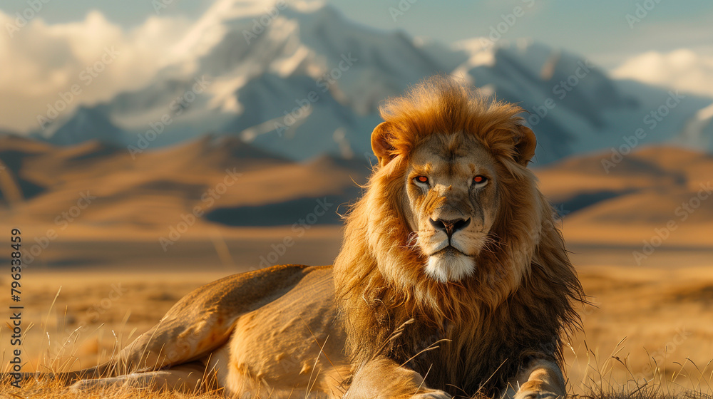 A lion is laying in the desert with mountains in the background