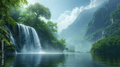 A waterfall is flowing into a lake in a lush green forest