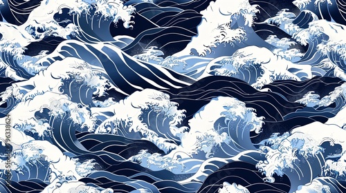 seamless pattern of ocean waves in the style of traditional Japanese art © EnelEva