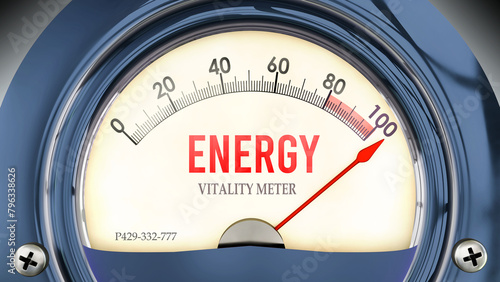 Energy and Vitality Meter that is hitting a full scale  showing a very high level of energy  overload of it  too much of it. Maximum value  off the charts.   3d illustration