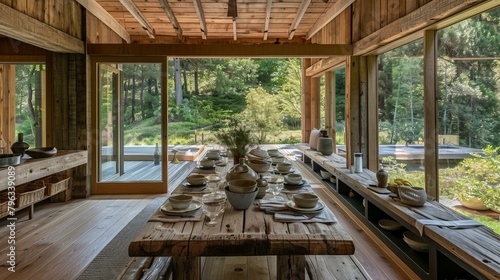 An open-plan rustic dining room with panoramic views