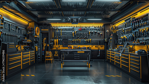 Tool Organization Goals: Black and Yellow Tools Adorn Pristine Garage, Gleaming Workbench and Organized Tools in Garage