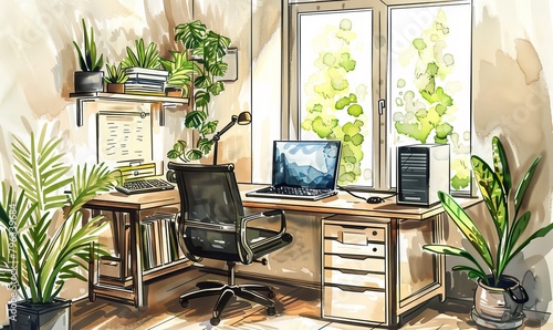 Home office by the window, many plants, cozy atmosphere, watercolor drawing