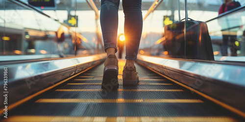 legs of a traveler standing on a travelator at the airport, suitcase on the background of the airport terminal