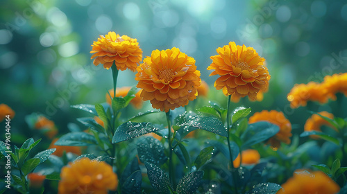 Close-up of bright orange marigold flowers with green leaves and stems 