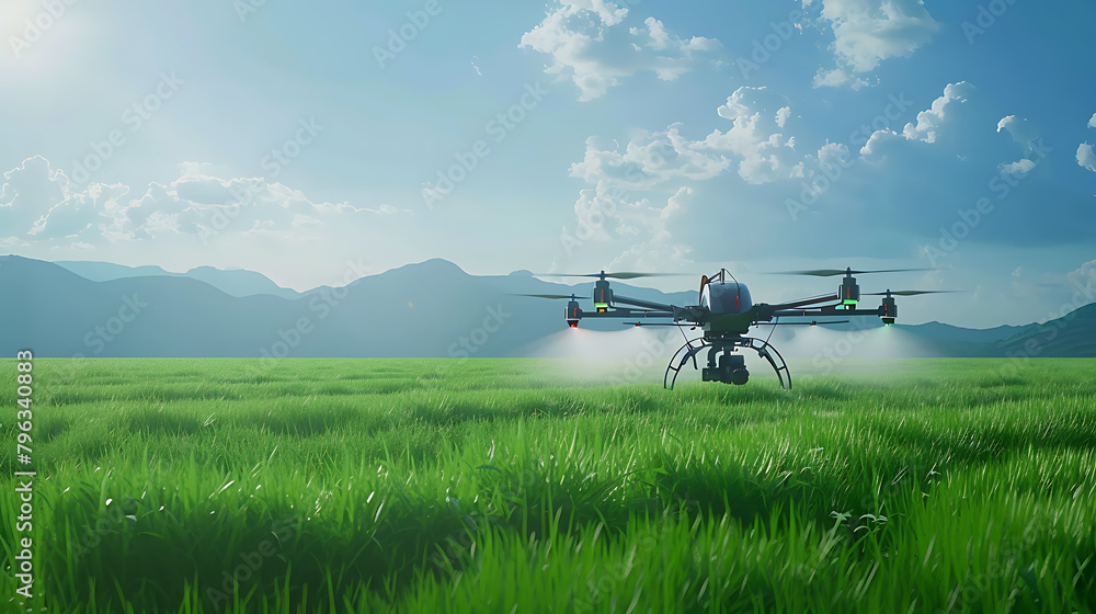 modern irrigation system in field with drone, agricultural irrigation 