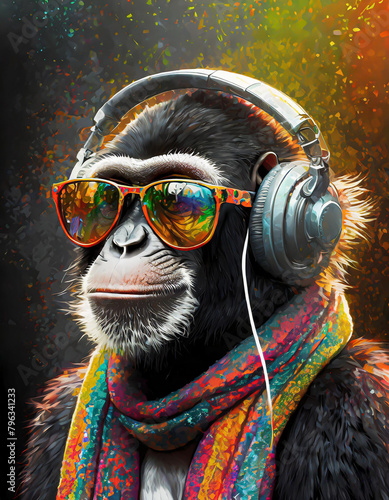 A monkey wearing sunglasses and headphone ,graffiti art , holding an umbrella leaning agains