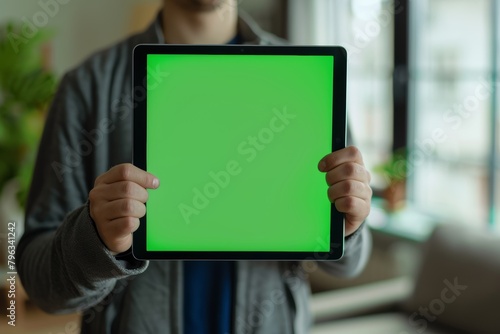 App display man in his 20s holding a tablet with a completely green screen