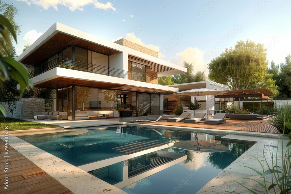 Fototapeta premium Modern house with garden and swimming pool, modern villa, modern architecture 
