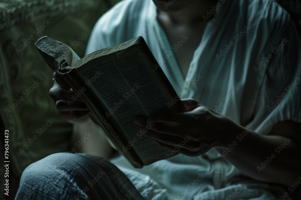 An older prayer is reading a book with their hands on the pages An older prayer is reading a book with their hands on the pages