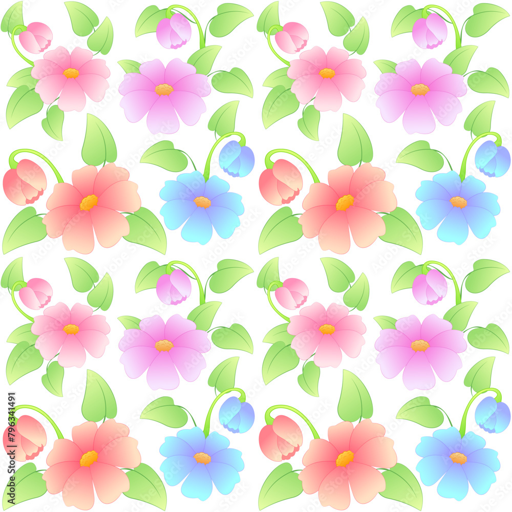 Seamless vector pattern - beautiful delicate multi-colored gradient flowers, leaves, and buds on a white background.