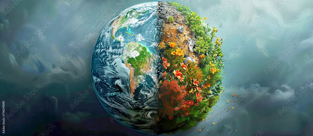 Global climate change illustration. Concept of warming and planet pollution. Panorama