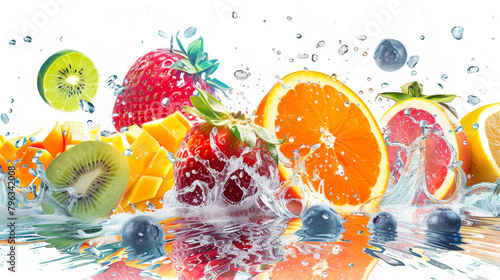 Tropical fruits in water on white background. Healthy food concept