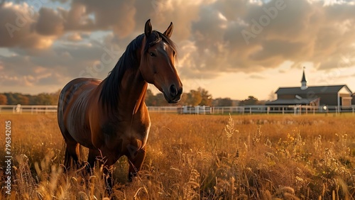 Thoroughbred horses enjoying a rural pasture with modern amenities. Concept Horse Care, Rural Pasture, Thoroughbred Horses, Modern Amenities, Equine Lifestyle