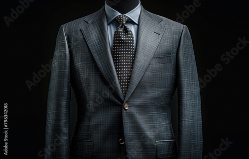 gray suit with tie and white shirt inside displayed on the mannequin