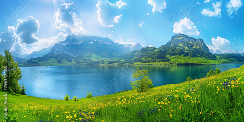 Beautiful panoramic view around mountain Lake in summer time. Rest at nature
