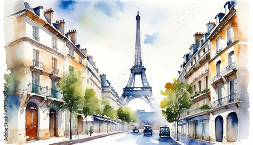 Watercolor illustration of a picturesque Parisian street with the Eiffel Tower, ideal for travel, romance themes, and Bastille Day celebrations © fotogurmespb