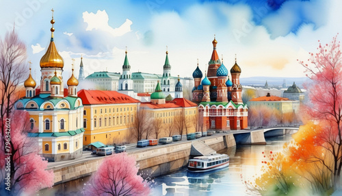 Vibrant watercolor illustration of Moscow's cityscape with the iconic St Basil's Cathedral and a boat on the river, perfect for travel and cultural themes photo