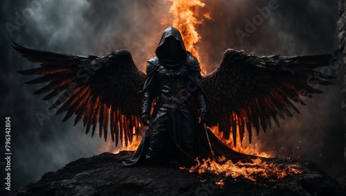 A hooded, bleeding angel with a flaming sword stands amidst the abyss of death. photo