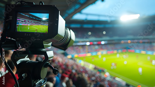 A cameraman is filming a football game  Videographer s camera filming a match on a football field  Live broadcast of a football match  the view through the camera screen