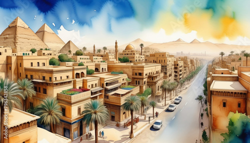 Idyllic digital artwork of a bustling Egyptian street with pyramids in the background, evoking concepts of travel, ancient civilizations, and Middle Eastern culture photo
