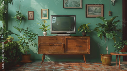 modern television, realistic, background chroma plain green,generative ai photo