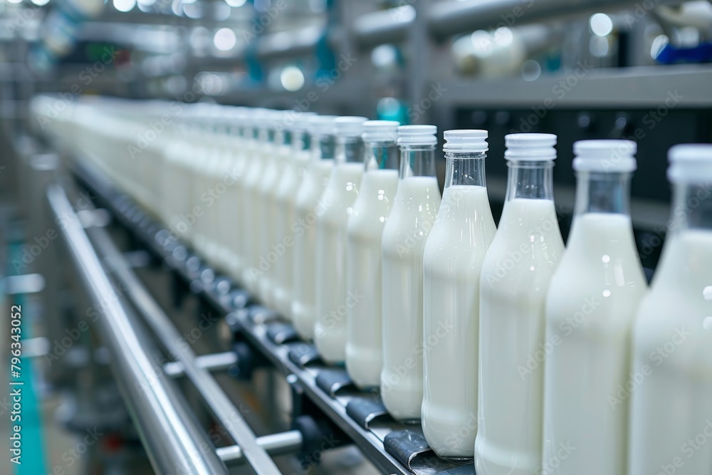 Obraz premium Efficient operation of the standard factory s milk bottling production line process