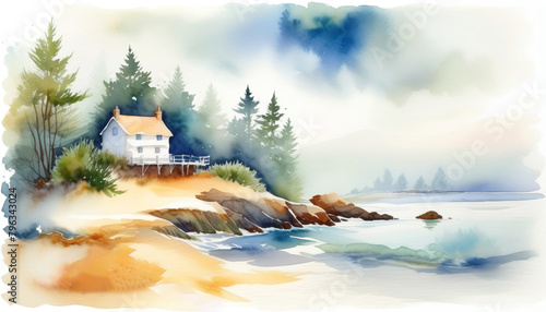 Watercolor illustration of a serene coastal landscape with a quaint house amid evergreen trees  ideal for themes of solitude  vacation retreats  and nature tranquility