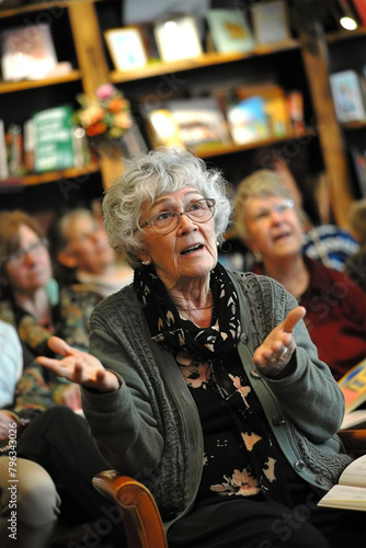 Imagine a charismatic storyteller captivating a diverse audience in a cozy bookstore