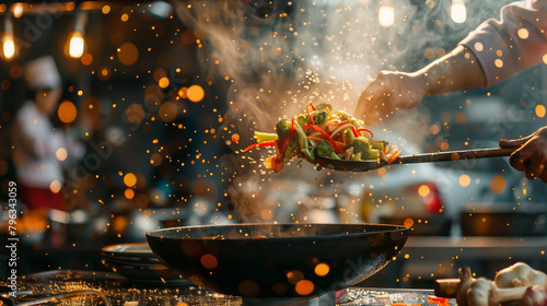 In a vibrant marketplace, a skilled chef adeptly tosses a diverse array of vegetables in a hot wok. photo
