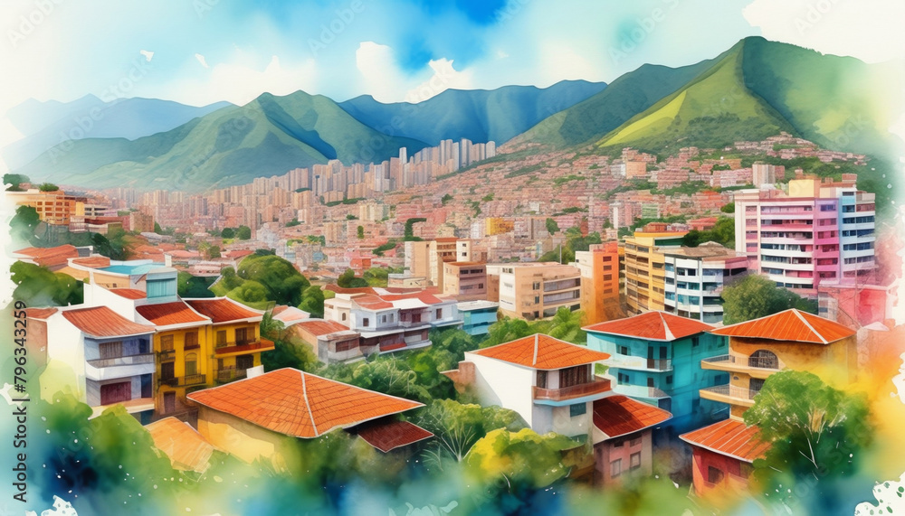 Vibrant illustration of a Latin American cityscape with colorful buildings and lush greenery set against a backdrop of majestic mountains, ideal for travel and cultural themes