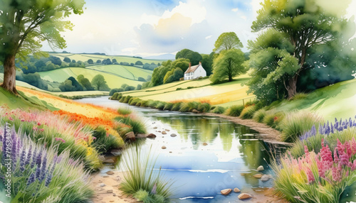 Idyllic countryside landscape painting with a serene river, blooming wildflowers, and a quaint cottage, ideal for spring and summer season concepts