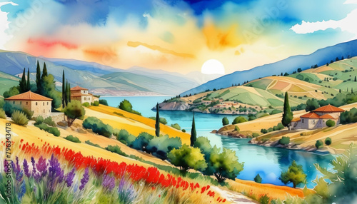 Idyllic Mediterranean landscape painting with vibrant wildflowers  stone villas  serene lake  and rolling hills  suitable for travel  summer  and art themes
