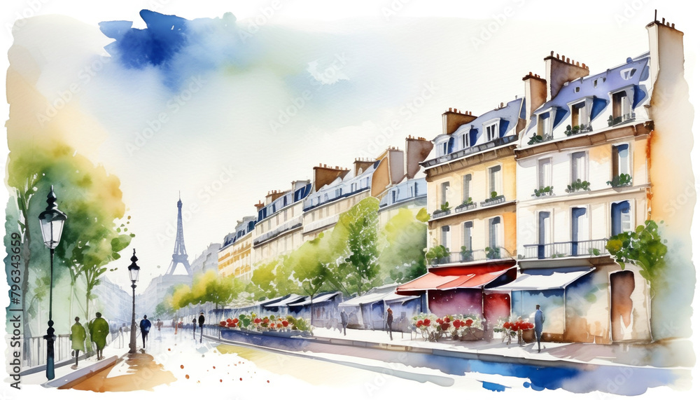 Watercolor illustration of a quaint Parisian street with the Eiffel Tower in the background, ideal for travel, romance, and European culture themes