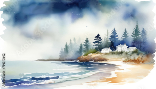 Serene watercolor landscape depicting a coastal scene with pine trees and a quaint house, ideal imagery for themes related to nature, tranquility, and travel photo