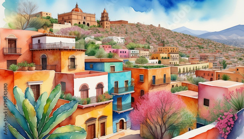Colorful watercolor illustration of a vibrant Mexican town with traditional architecture, ideal for travel and cultural themes like Cinco de Mayo
