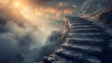 Ethereal Staircase Ascending Majestic Mountain Shrouded in Mystic Fog