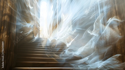 Ethereal Stairway of Celestial Light with Ascending and Descending Angels in Blurred Motion