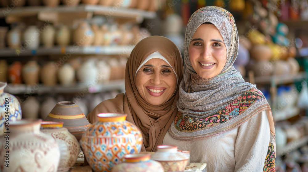 Two muslim women in Hijab in their small pottery business. Women standing proudly in front of their pottery on shelves filled with various ceramic. Generative ai