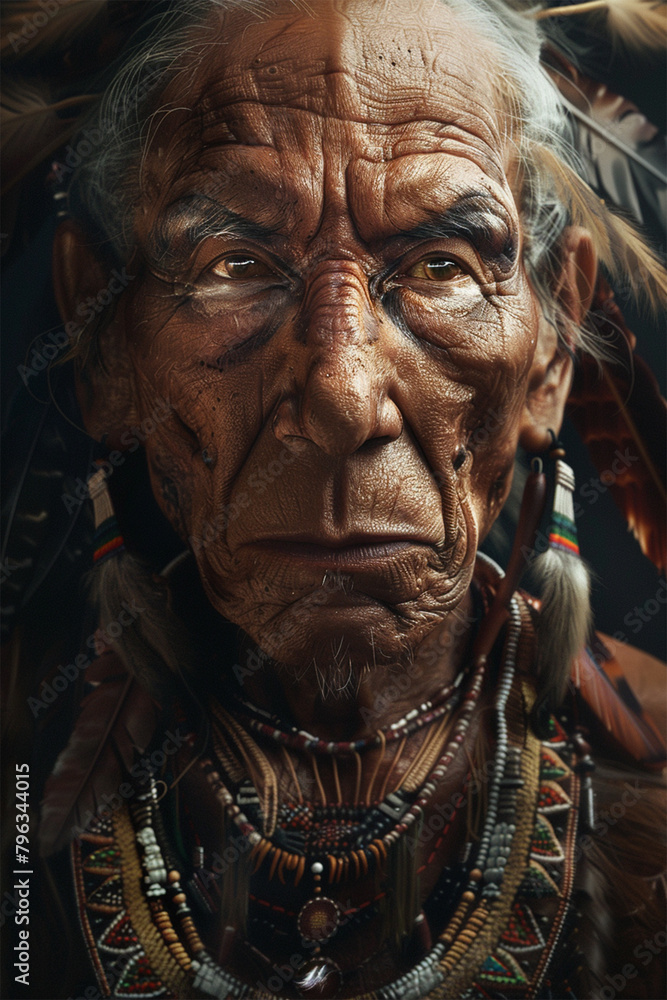 A portrait of an indigenous elder with weathered skin and piercing eyes. They wear traditional clothing adorned with intricate beadwork and feathers. A portrait of an indigenous elder with weathered skin and piercing eyes. They wear traditional clothing adorned with intricate beadwork and feathers.