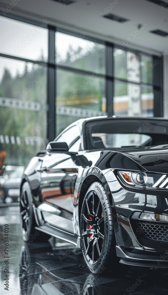 Luxury black car displayed in modern showroom of car dealership for sale and rent business