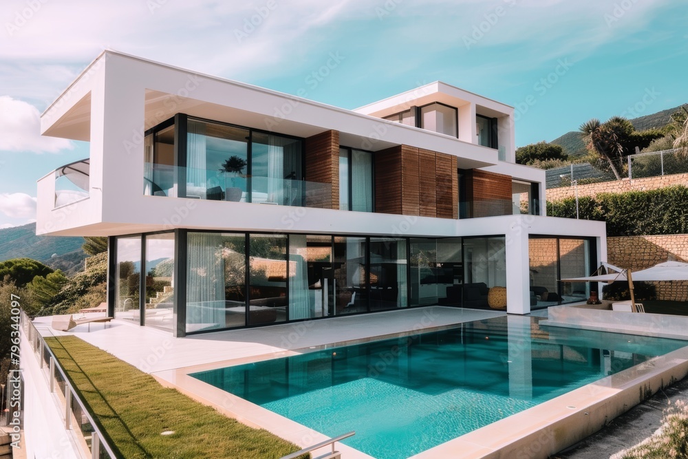 Obraz premium Modern house with garden and swimming pool, modern villa, modern architecture 