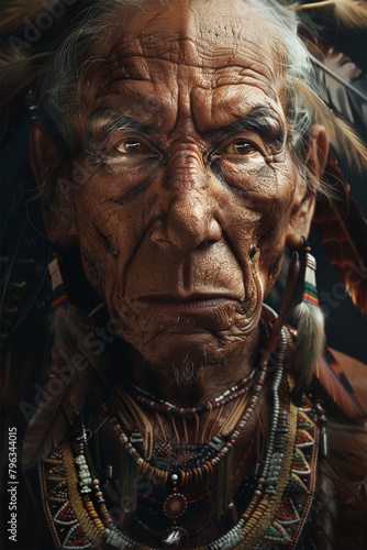 A portrait of an indigenous elder with weathered skin and piercing eyes. They wear traditional clothing adorned with intricate beadwork and feathers.